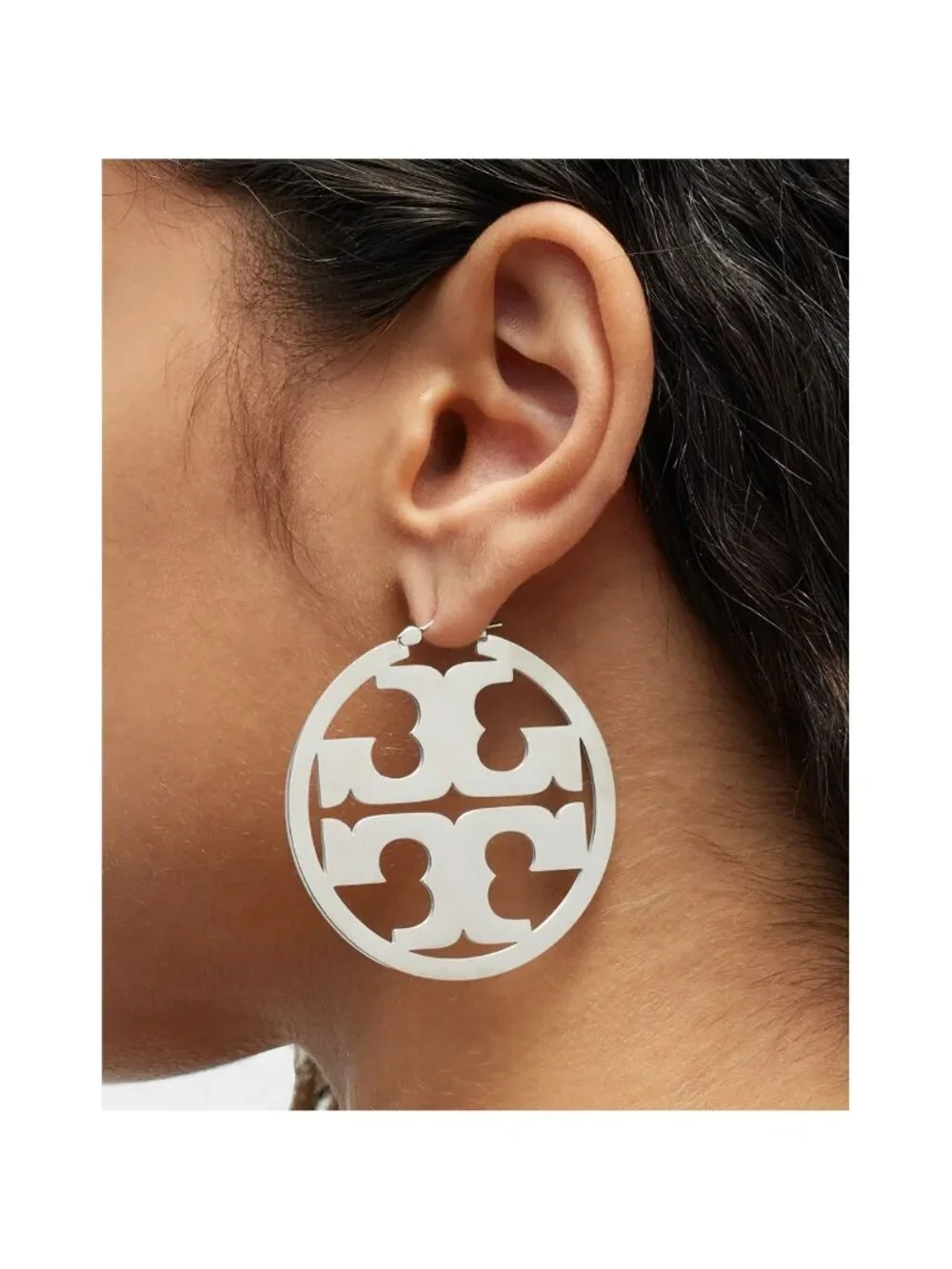 Tory Burch Miller Statement Logo Hoop Earrings Silver OS - Picture 2 of 9